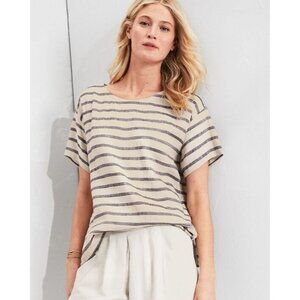 Eileen Fisher Striped Top Sz XL Linen Organic Cotton Gray White Relaxed Boxy Fit